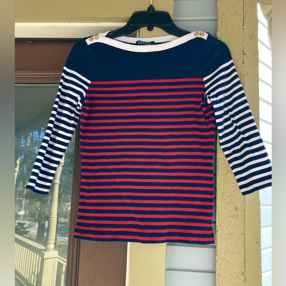 Lauren Ralph Lauren Navy and Red Striped Blouse Shirt  Size Medium (kk)